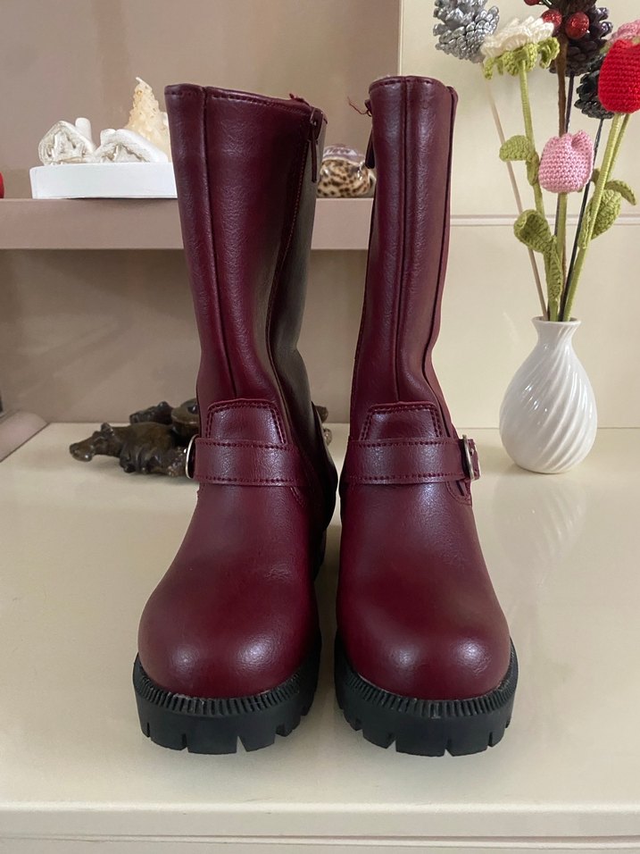 Bordo Deri Kemerli Kız Çizmesi - Görsel 4