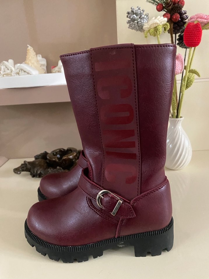 Bordo Deri Kemerli Kız Çizmesi - Görsel 3