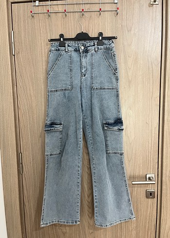 Kargo Pantolon Yüksek Bel Gri Bol Kesim Midi Kadın Kot Pantolon - Görsel 3