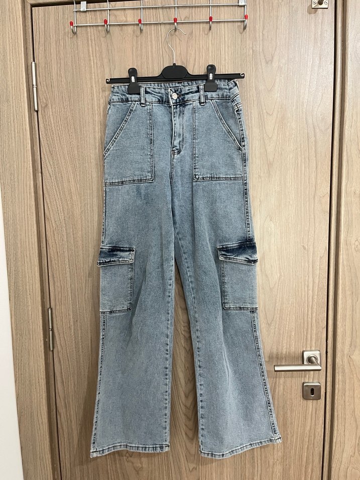 Kargo Pantolon Yüksek Bel Gri Bol Kesim Midi Kadın Kot Pantolon - Görsel 3