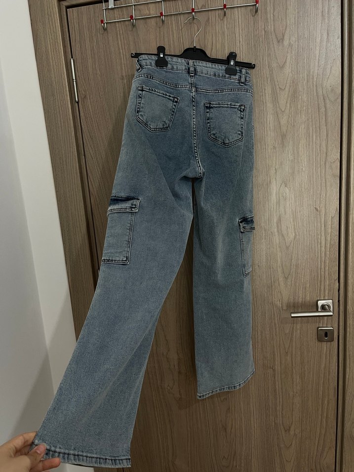 Kargo Pantolon Yüksek Bel Gri Bol Kesim Midi Kadın Kot Pantolon - Görsel 4