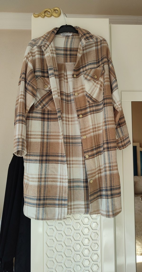 Bej Ekose Pamuklu Düğmeli Kadın Gömlek - Görsel 4