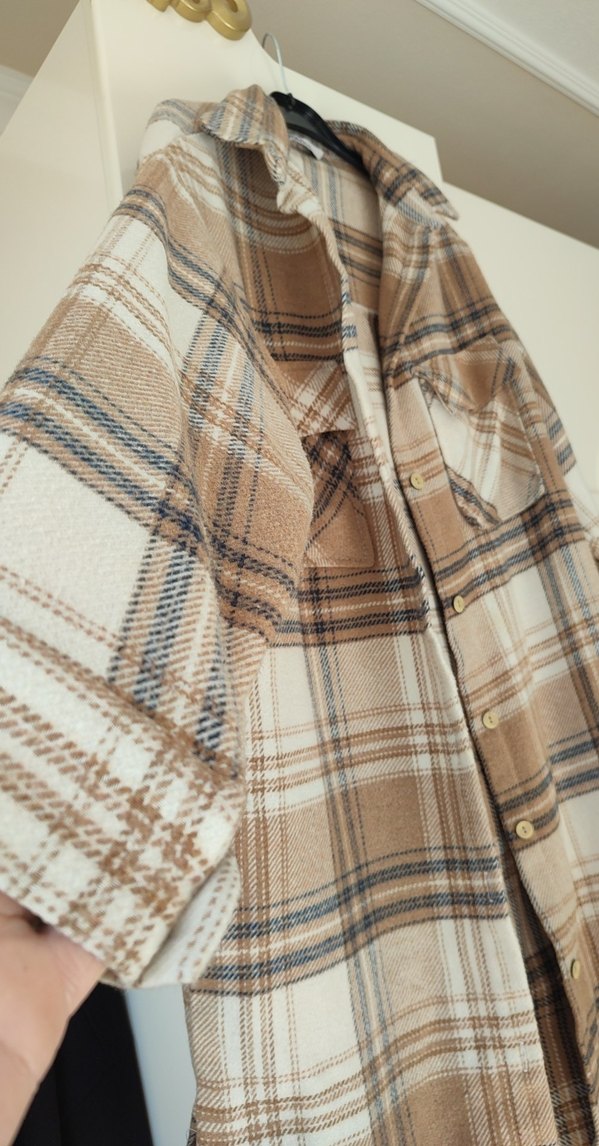 Bej Ekose Pamuklu Düğmeli Kadın Gömlek - Görsel 2