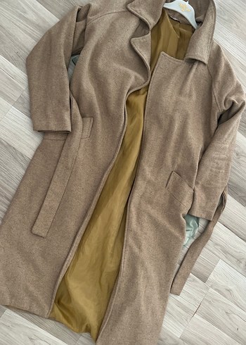 Bej Uzun Kesim Kadın Keten Kaban - Görsel 2