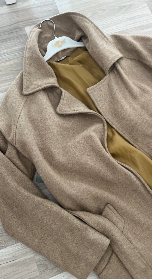 Bej Uzun Kesim Kadın Keten Kaban - Görsel 5