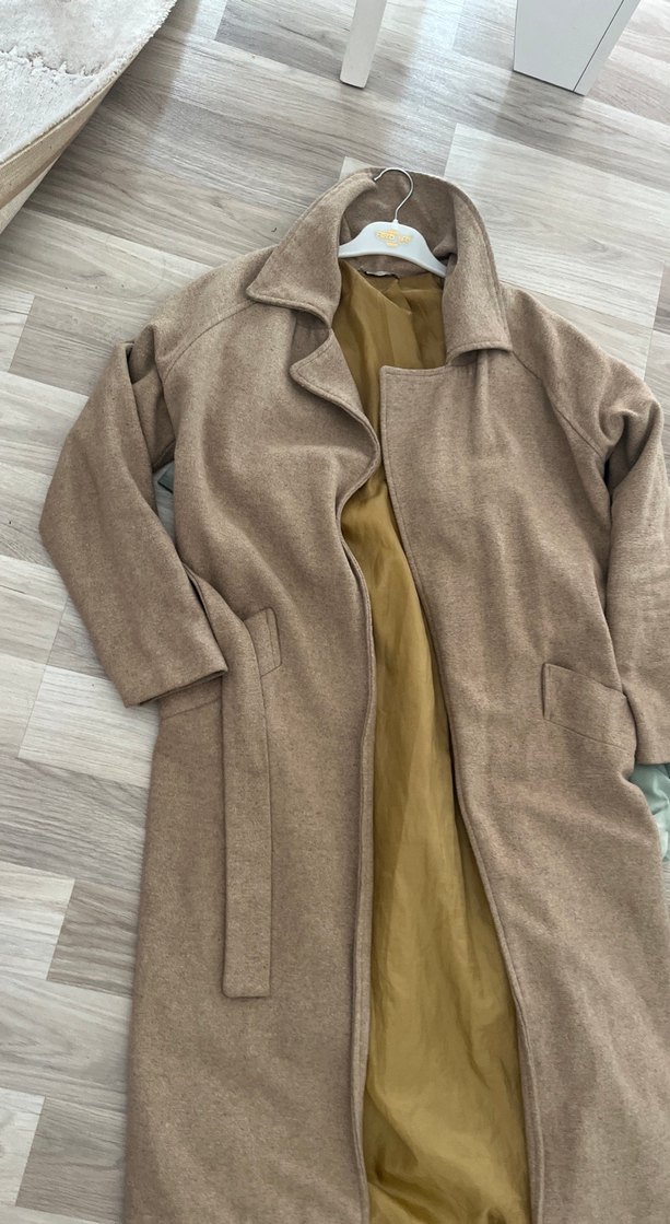 Bej Uzun Kesim Kadın Keten Kaban - Görsel 3