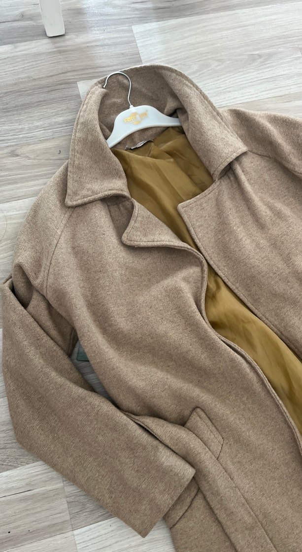 Bej Uzun Kesim Kadın Keten Kaban - Görsel 4