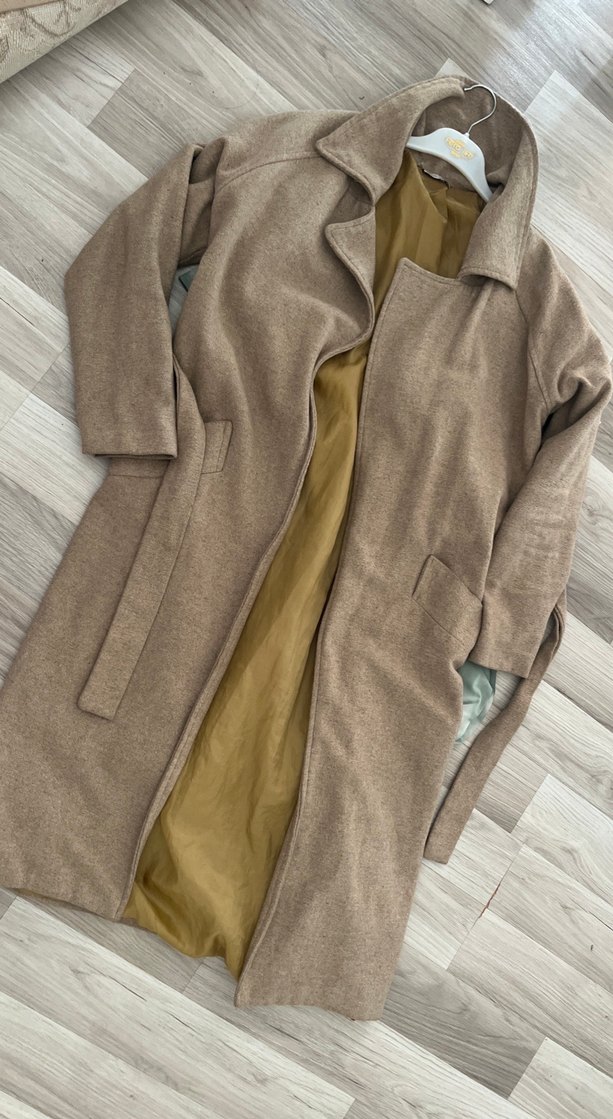 Bej Uzun Kesim Kadın Keten Kaban - Görsel 2