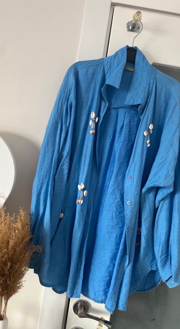 Uzun Kollu Mavi Bohem Kadın Gömlek - Görsel 2