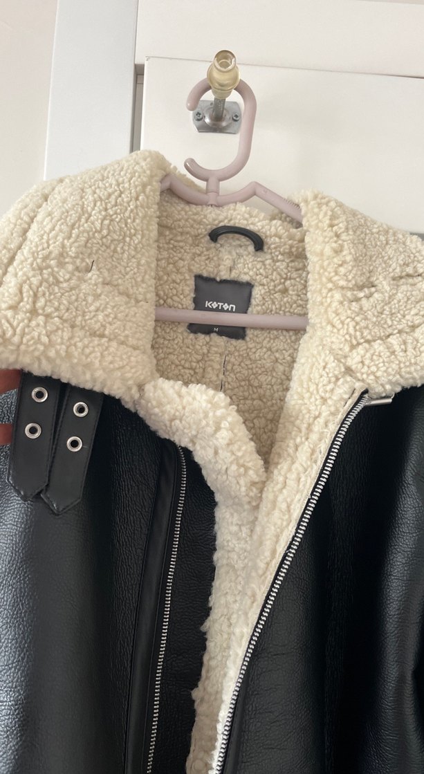 Siyah Kadın Deri Kürklü Ceket koton - Görsel 3