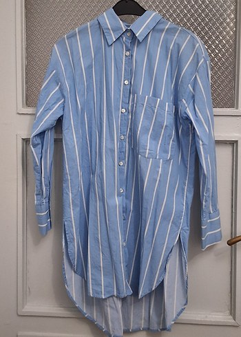Mavi Çizgili Pamuklu Kadın Gömlek - Görsel 2
