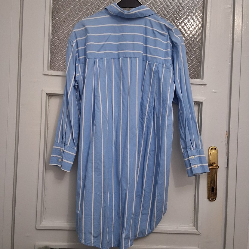 Mavi Çizgili Pamuklu Kadın Gömlek - Görsel 3