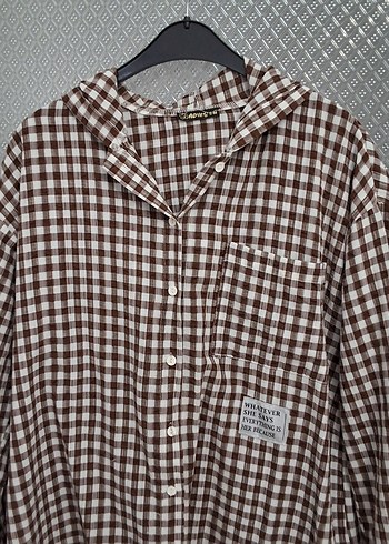 Düğmeli Uzun Kollu Kahverengi Salaş Gömlek - Görsel 2