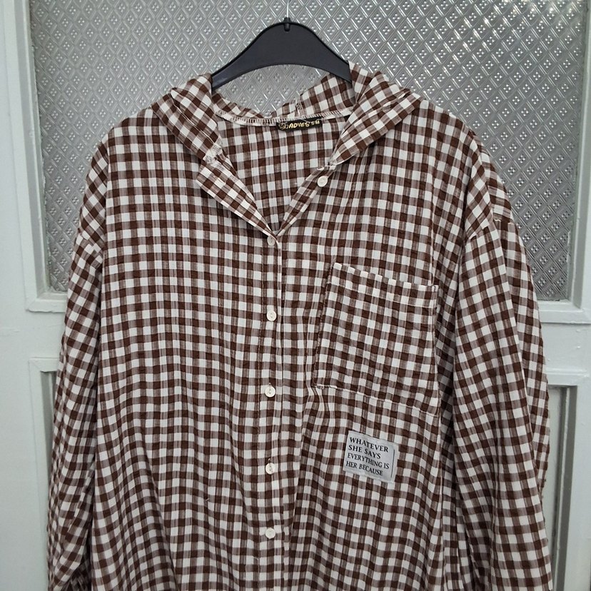 Düğmeli Uzun Kollu Kahverengi Salaş Gömlek - Görsel 2