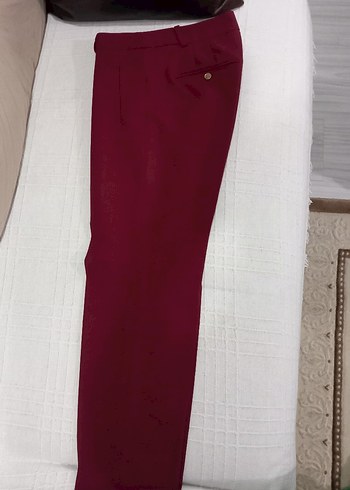 Düğmeli Bordo Kadın Kumaş Pantolon - Görsel 3