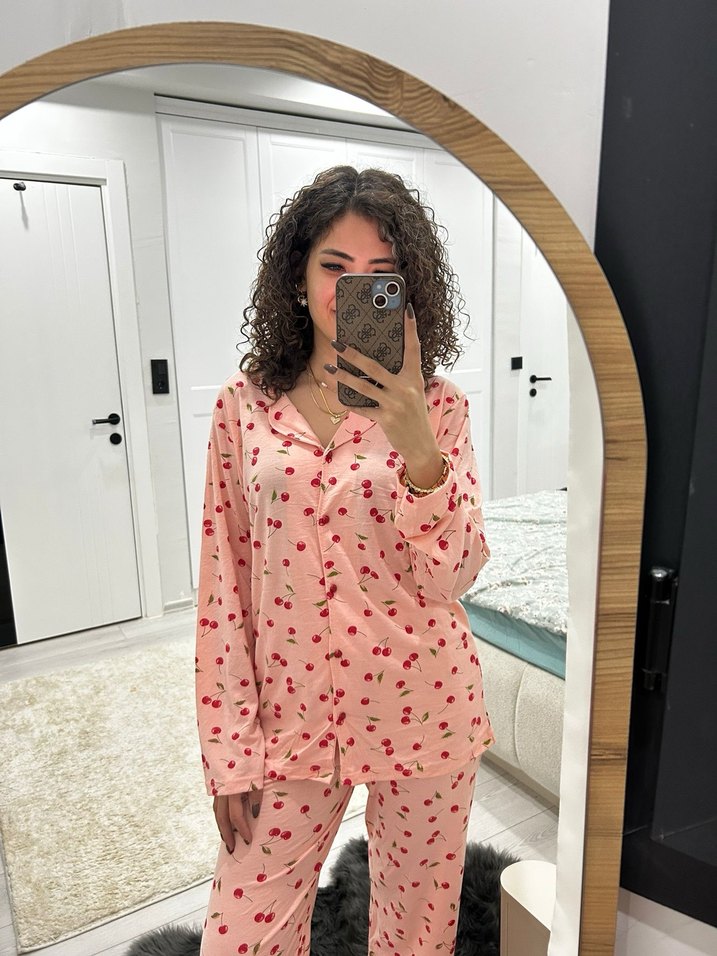 Pembe Bağlama Desenli Uzun Kollu Kadın Pijama Takımı - Görsel 2