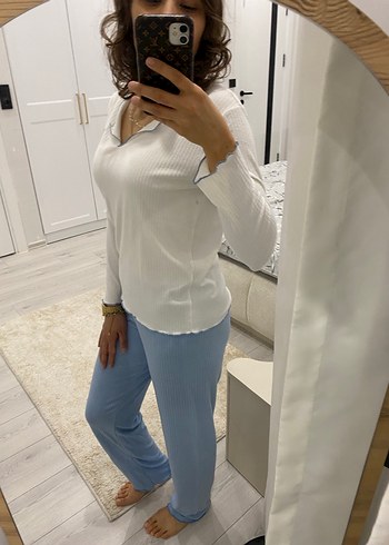 Kadın Beyaz Uzun Kollu Midi Pijama Takımı - Görsel 3