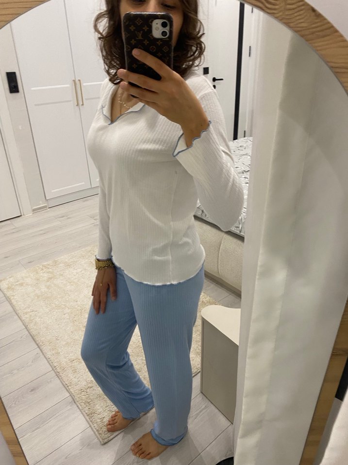 Kadın Beyaz Uzun Kollu Midi Pijama Takımı - Görsel 3