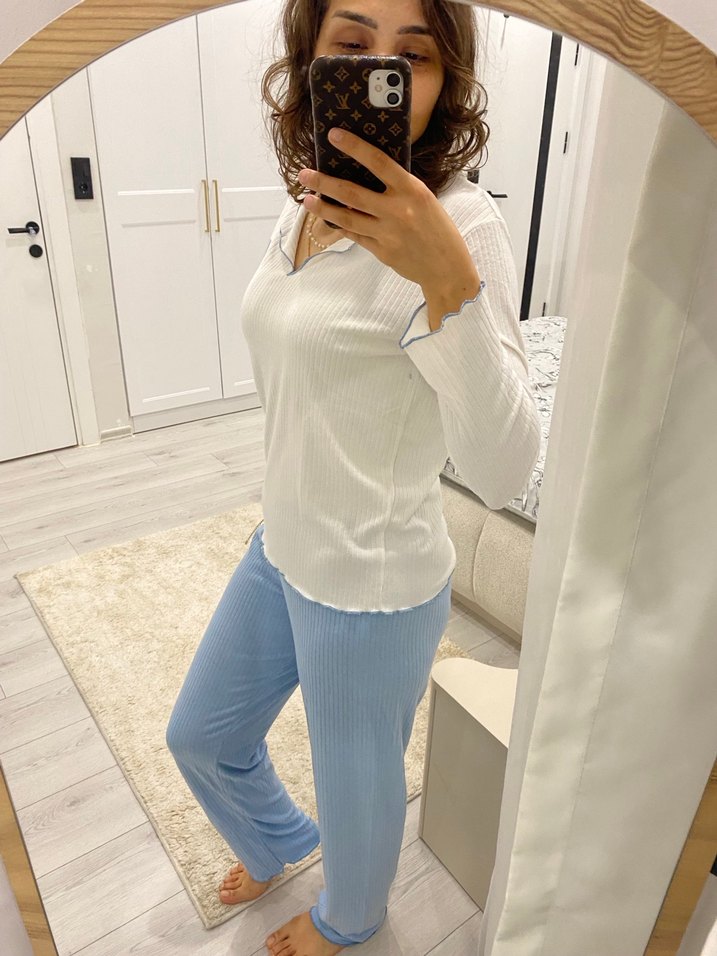 Kadın Beyaz Uzun Kollu Midi Pijama Takımı - Görsel 4