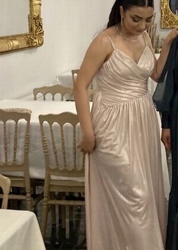 Pudra Renk Drapeli Uzun Abiye Elbise - Görsel 2