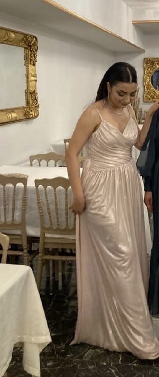 Pudra Renk Drapeli Uzun Abiye Elbise - Görsel 2