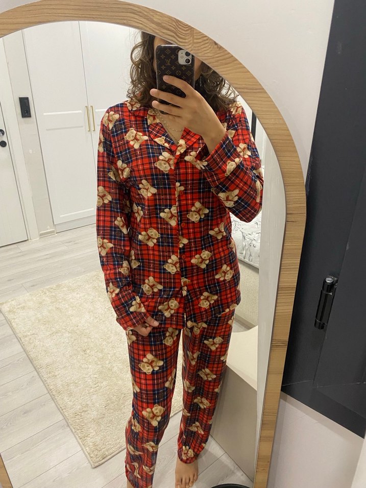 Kırmızı 
 Uzun Kollu Kadın Pijama Takımı - Görsel 2