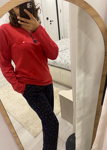 Kırmızı Uzun Kollu Rahat Kadın Pijama Takımı - Görsel 3