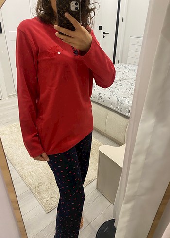 Kırmızı Uzun Kollu Rahat Kadın Pijama Takımı - Görsel 2