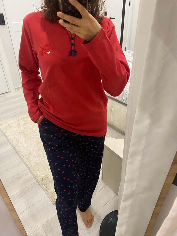 Kırmızı Uzun Kollu Rahat Kadın Pijama Takımı - Görsel 4