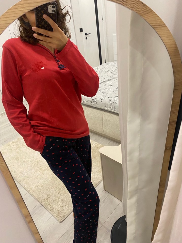 Kırmızı Uzun Kollu Rahat Kadın Pijama Takımı - Görsel 3