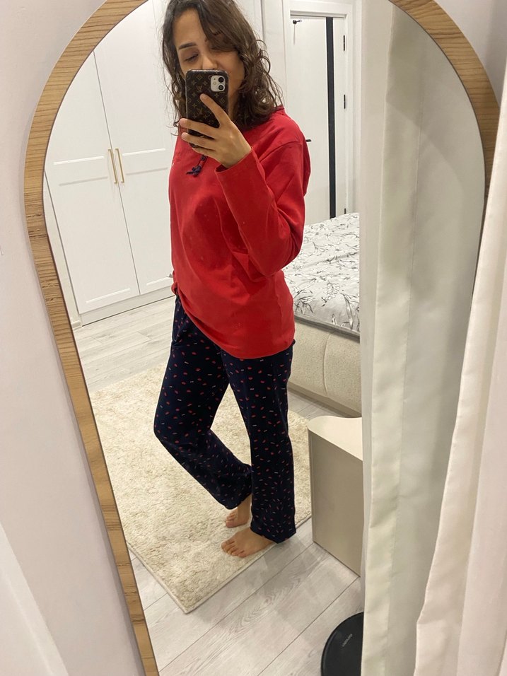 Kırmızı Uzun Kollu Rahat Kadın Pijama Takımı - Görsel 5