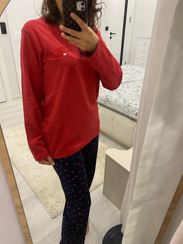 Kırmızı Uzun Kollu Rahat Kadın Pijama Takımı - Görsel 2