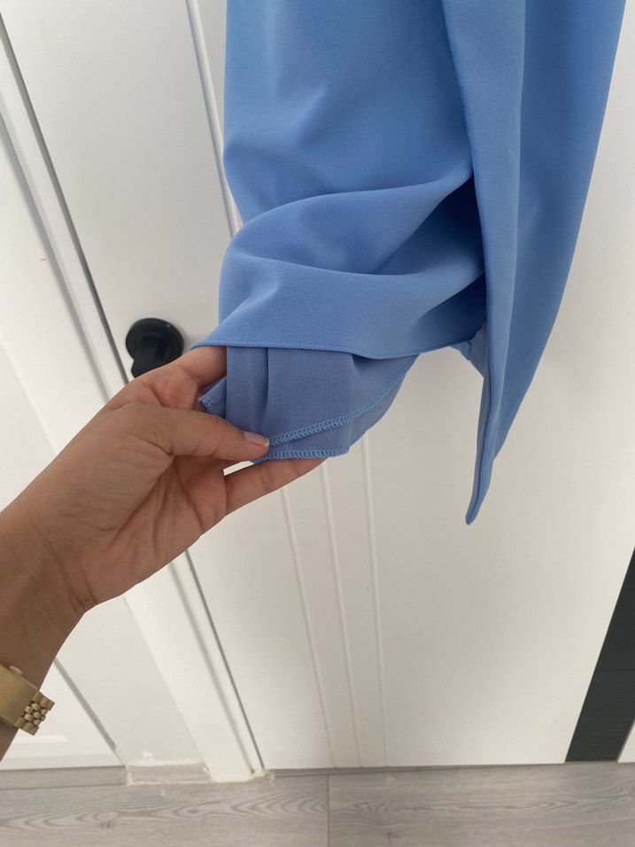 Mavi Midi Drapeli Yüksek Yakalı Kadın Elbise - Görsel 4