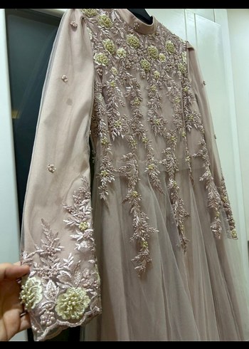 Pudra Annahar İşlemeli Boncuk Detaylı Uzun Abiye Elbise - Görsel 6