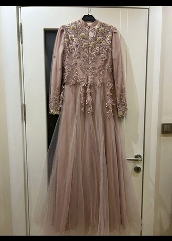 Pudra Annahar İşlemeli Boncuk Detaylı Uzun Abiye Elbise - Görsel 3