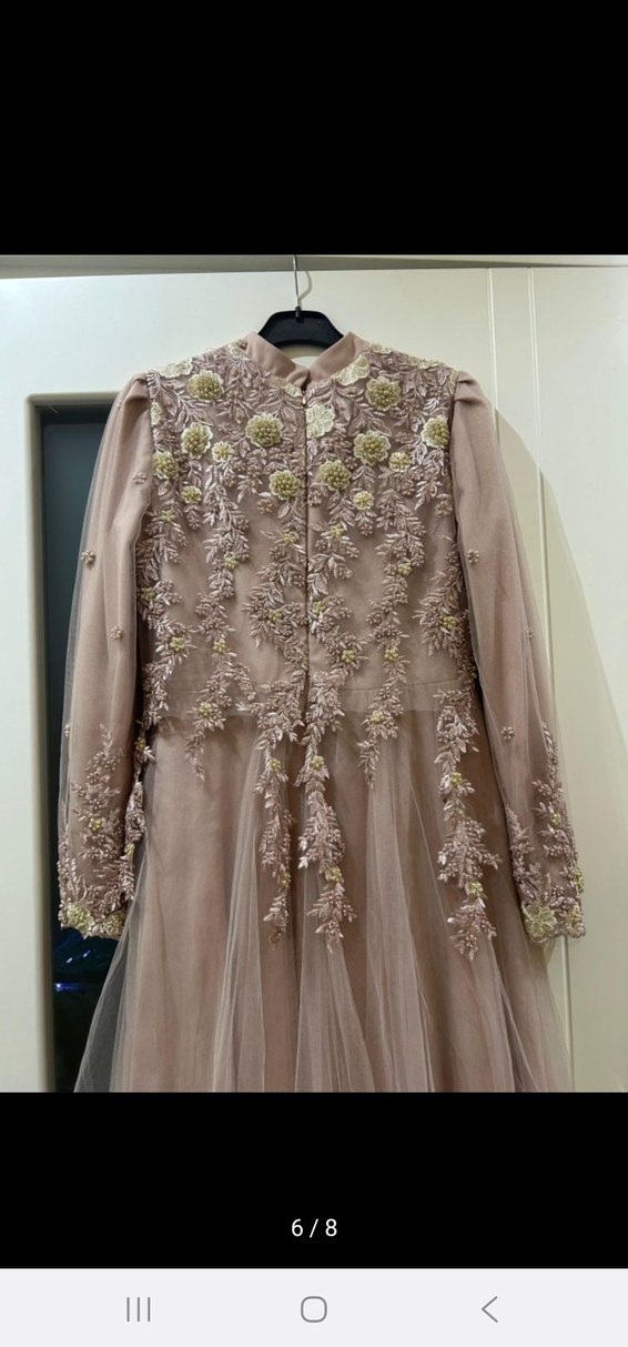 Pudra Annahar İşlemeli Boncuk Detaylı Uzun Abiye Elbise - Görsel 5