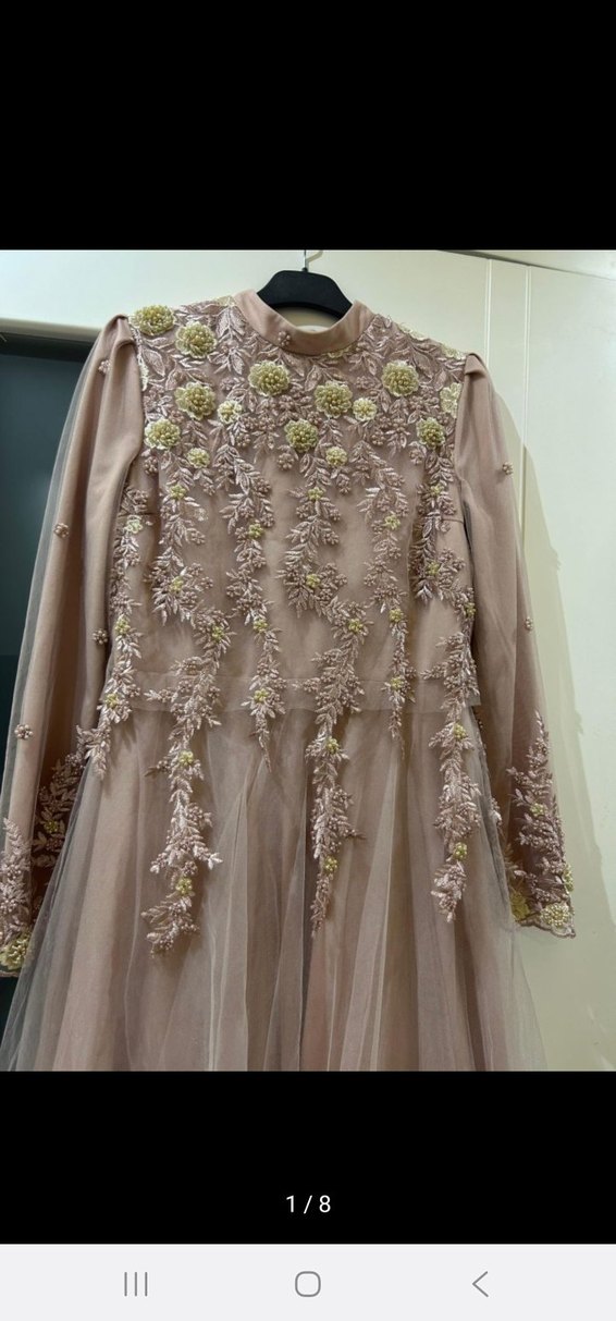 Pudra Annahar İşlemeli Boncuk Detaylı Uzun Abiye Elbise - Görsel 2