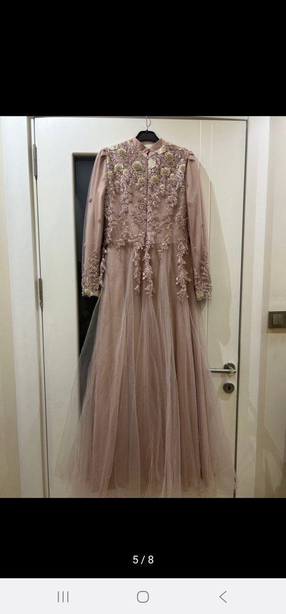 Pudra Annahar İşlemeli Boncuk Detaylı Uzun Abiye Elbise - Görsel 3