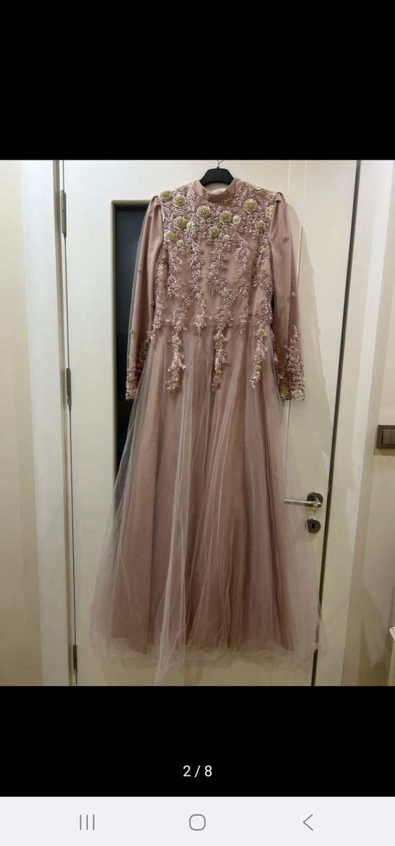 Pudra Annahar İşlemeli Boncuk Detaylı Uzun Abiye Elbise - Görsel 4