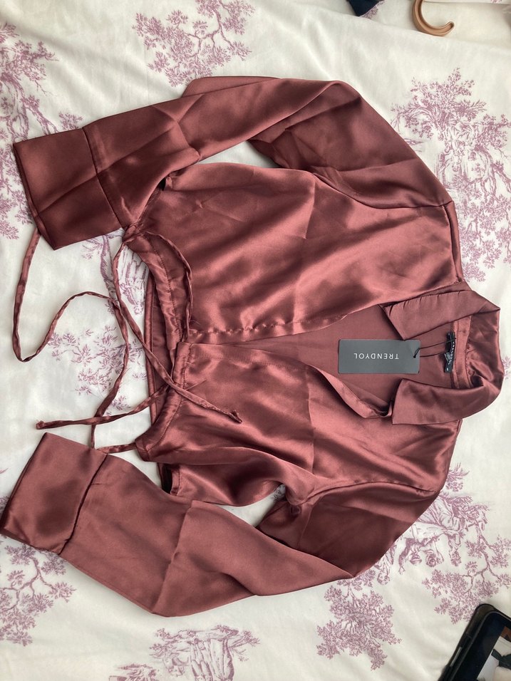 V Yaka Kahverengi Parlak Saten Bluz - Görsel 2