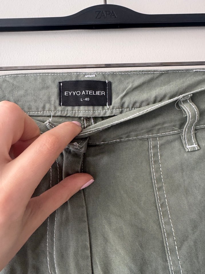 Kadın Haki Keten Geniş Paça Pantolon - Görsel 2