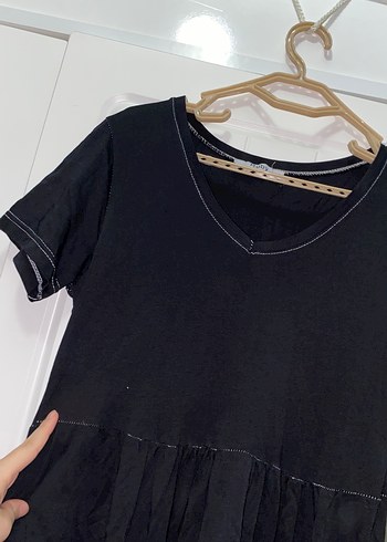 Siyah V Yakalı Uzun Keten Elbise - Görsel 2