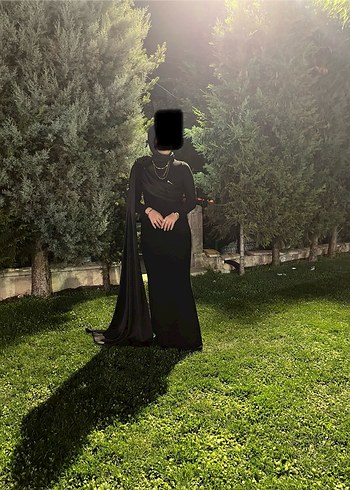 Abiye Siyah Uzun Kol Drapeli Abiye Elbise