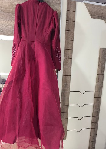 40 Beden Bordo Nakışlı Uzun Kollu Vintage Abiye Elbise