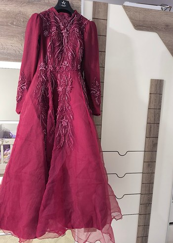 Bordo Nakışlı Uzun Kollu Vintage Abiye Elbise