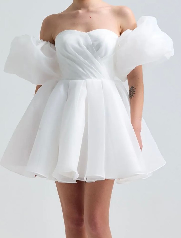 Beyaz Mini Gelinlik, Straplez, Modern Klasik - Görsel 4