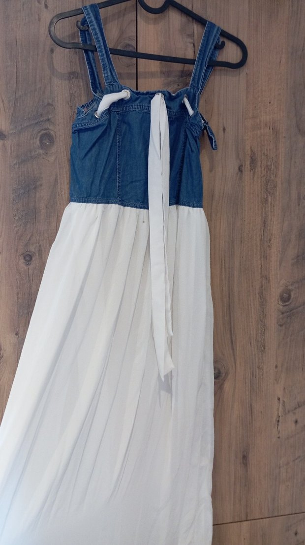 Kadın Beyaz Denim Uzun Bohem Elbise - Görsel 2