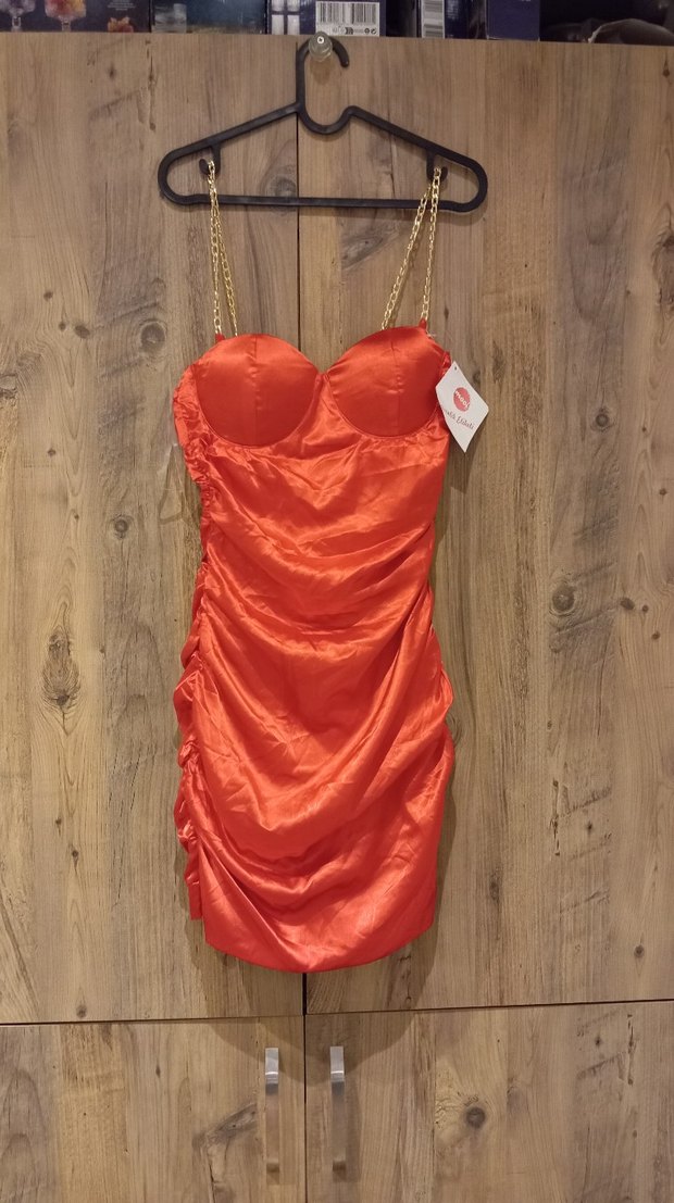 Parlak Kırmızı Drapeli Uzun Abiye Elbise - Görsel 5