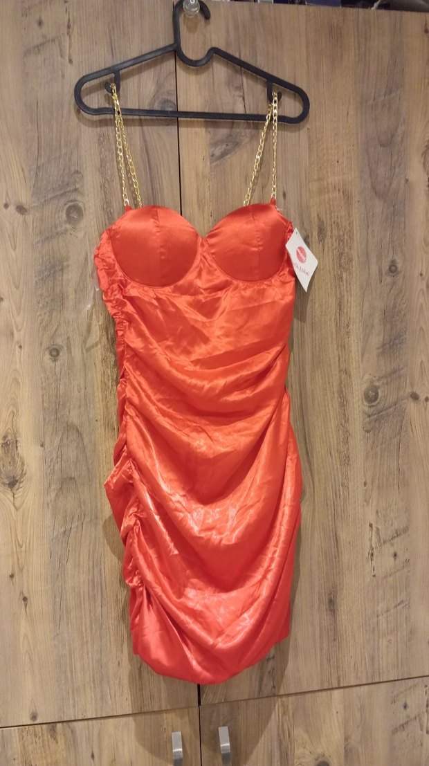 Parlak Kırmızı Drapeli Uzun Abiye Elbise - Görsel 2