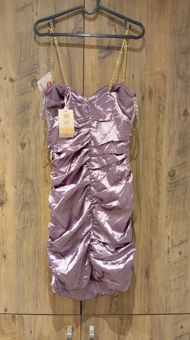 Bayan Mor Parlak Saten Zincir Askılı Elbise - Görsel 3